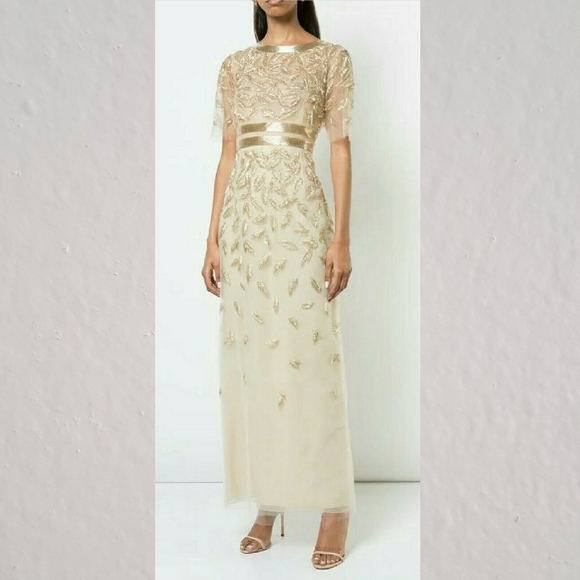 *$11,790 NEW R18 OSCAR DE LA RENTA CHAMPAGNE GOLD LEAF BEAD GOWN US 6, 12 - Picture 1 of 15